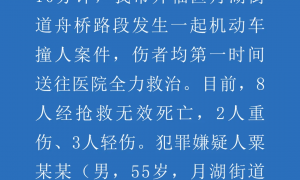 长沙警方通报：开福区发生一起机动车撞人案件，8人经抢救无效死亡，2人重伤、3人轻伤